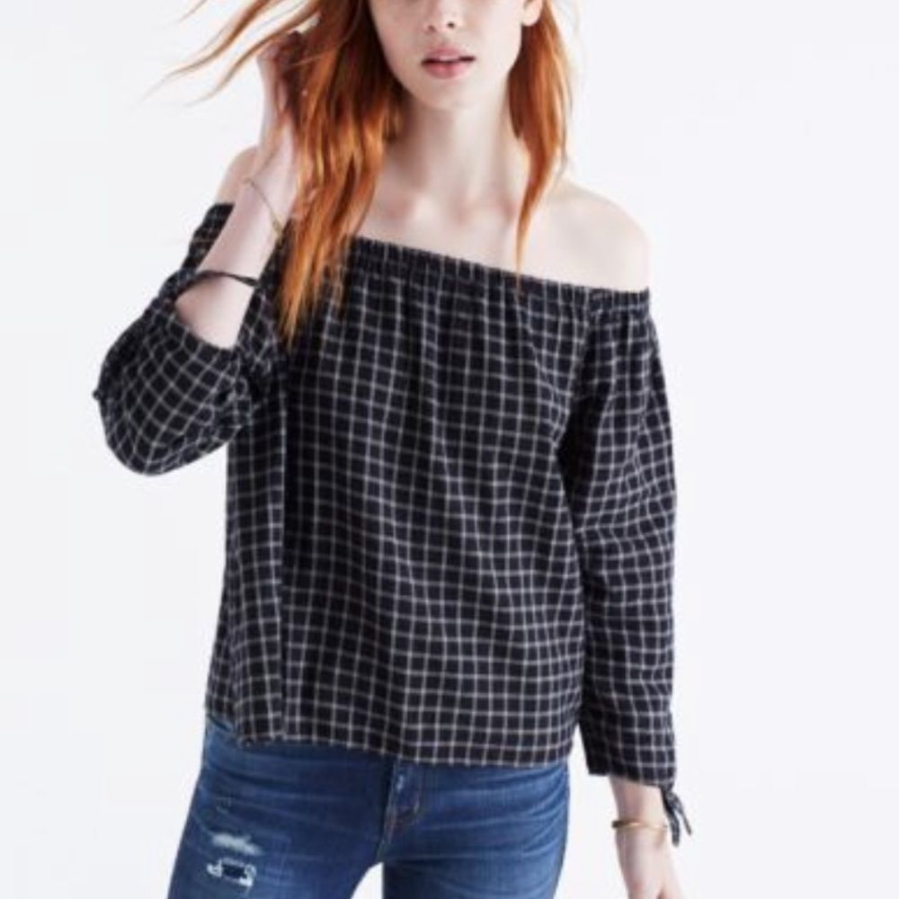 NWT Madewell plaid off the‎ shoulder blouse